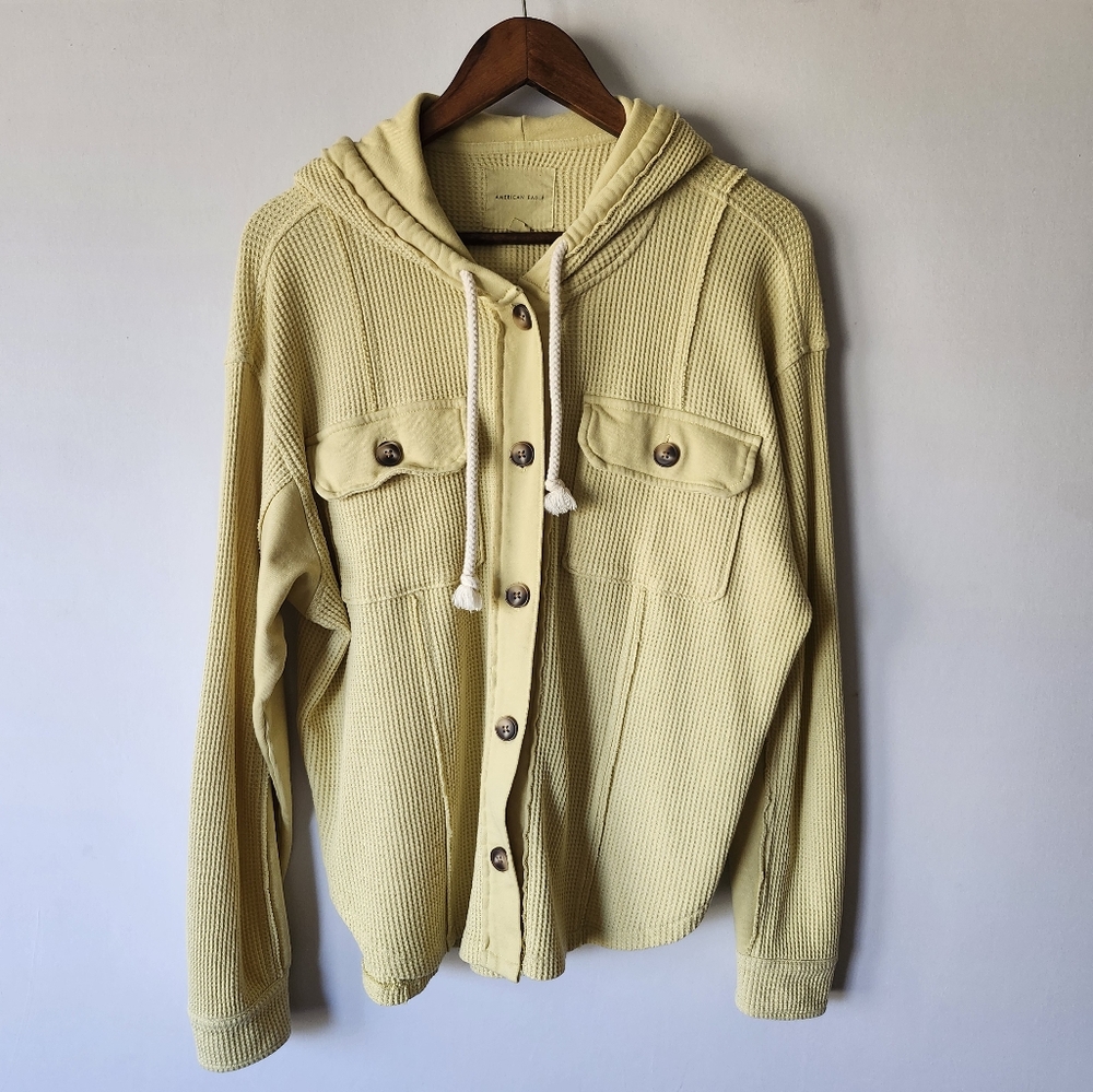 American Eagle Outfitters Waffle Knit Hooded Button-Up Jacket - Pale Yellow